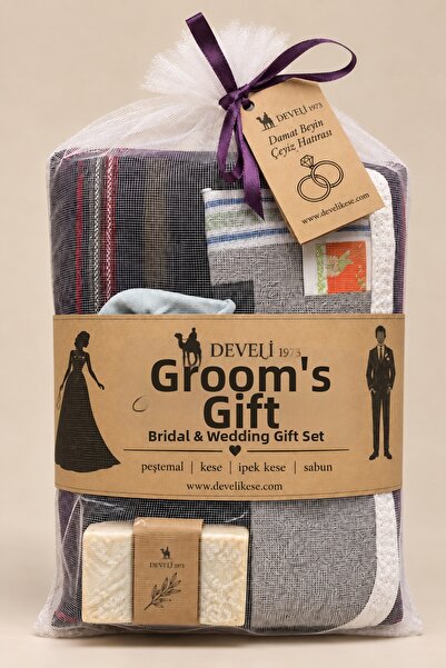 Develi 1973 Groom's Hamam Dowry Gift Set of 5 Special Peshtemal, Silk Pouch, ...