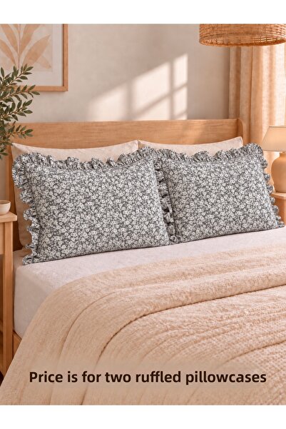Decamor home Coton 2 Pieces Cotton Fabric Gray Mini Floral Ruffle Pillow Case