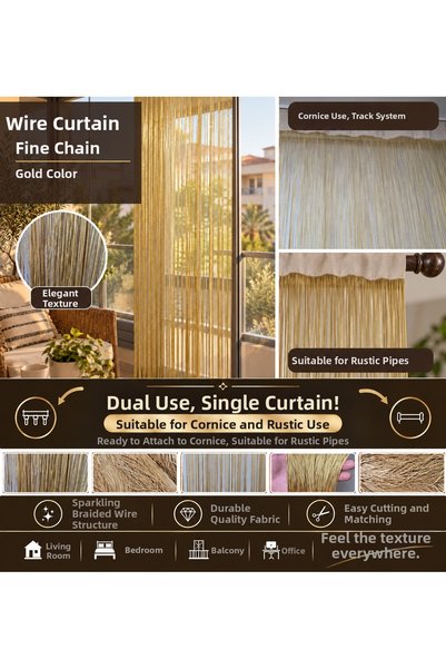 AKÇA TEKSTİL Ip Curtain Special Series Thin Chain Gold Color (100 Width 300 L...