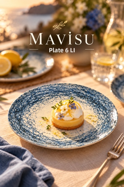 Heda Porselen Mavisu 6-Piece Cake Plate Set 19 cm Blue Patterned Porcelain De...