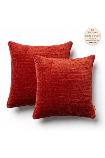 THE KUN Red Plain Chenille Textured 2-Piece Throw Pillow Cover Set with Piping Detail