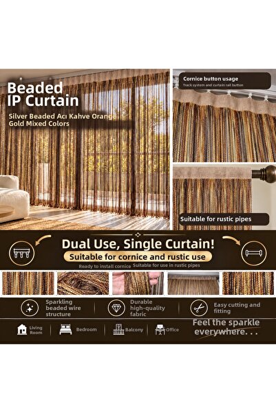 AKÇA TEKSTİL Ip Curtain Special Series Thin Chain Silver Silvery Brown-Orange...