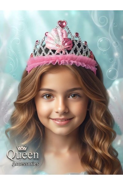 QUEEN AKSESUAR تاج الأميرة اللامع من التول مع نجمة صدفية وحجر على شكل قلب، تاج لحفلات أعياد الميلاد باللون الفوشيا الوردي