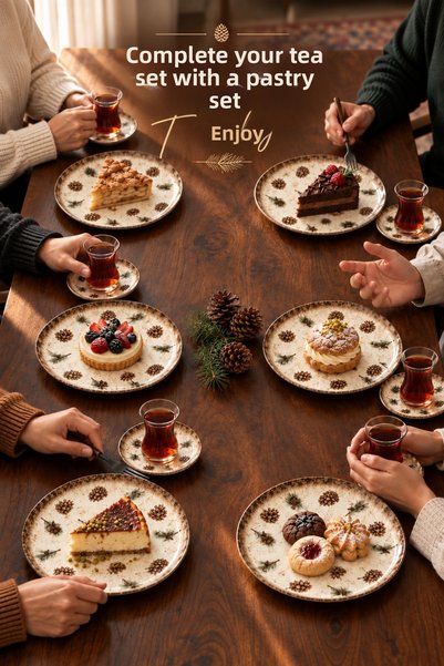 Heda Porselen Cone Patterned 6-Piece Cake Plate Set 20 cm Porcelain - New Year's Breakfast Dessert Plate