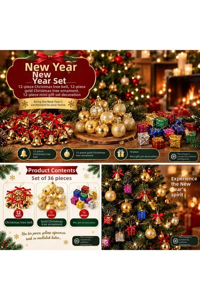 Lexi Bella 3-Piece Christmas Tree Ornament Set, 12-Piece Christmas Pine Tree Bells, 12-Piece Gold Balls, 12-Piece Mini Gift Package Ornament
