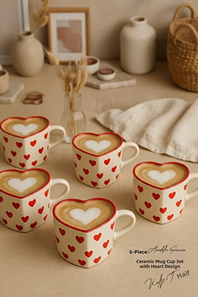 Hausette 6 Pcs Handmade Ceramic Heart Design Set of 6 Mugs – Coffee and Tea Cup