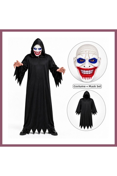 Generic Brand Blue Eyed Horror Mask and Black Hooded Costume Set 140 cm Ind0320