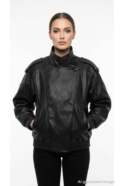 ONLY Women's Black Leather Look Stand Collar Oversize Jacket with Epaulettes ...