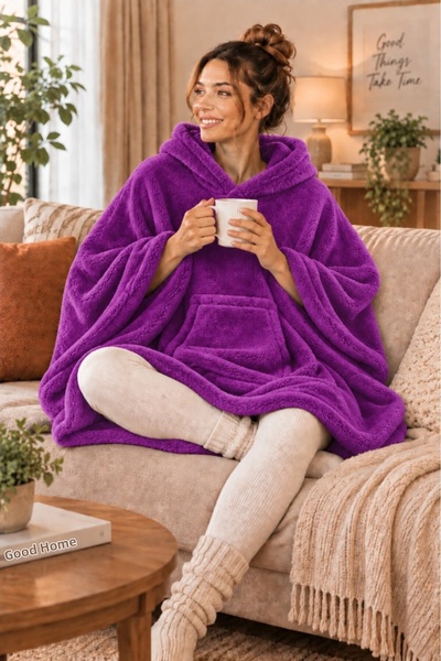 Mulberry Wellsoft Poncho Hooded Wearable Blanket Oversized Warm Soft Tv Blanket