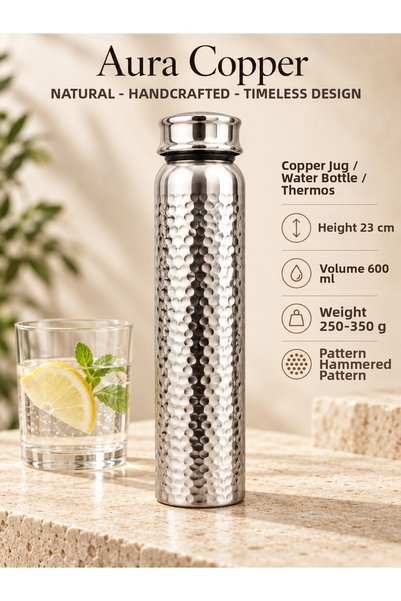 AURA COPPER قارورة ماء نحاسية 500-600 مل بنقوش هندسية ونقوش مطروقة