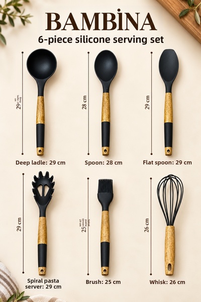 KLARHAUS Bambi̇na 6-Piece Bamboo Handle Acacia Look Silicone Kitchen Serving Set (Gray / Black / White)