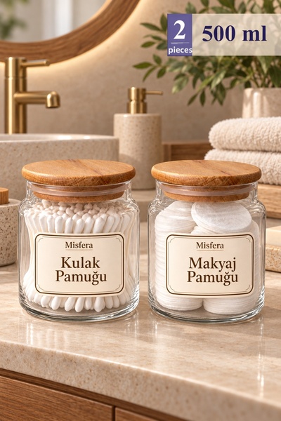Misfera 2-Pack Vacuum Bamboo Lid Pureglass 500 ml Glass Cotton Container - Co...