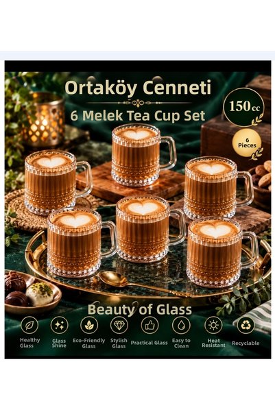 ORTAKÖYCENNETİ طقم من 6 أكواب شاي زجاجية مخططة بمقابض زجاجية سعة 150 مل