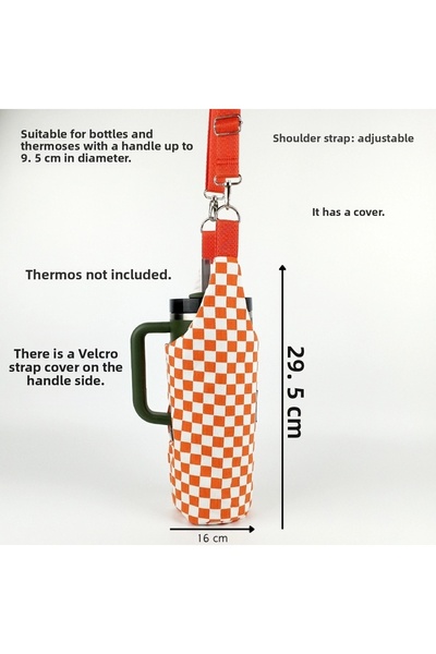 woodycord Handmade Orange and White Gingham Thermos Flask Cover with Handle and Straw 1.18