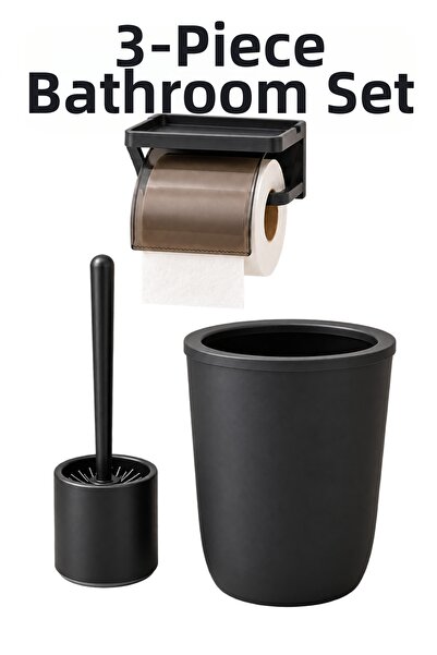 ATA HOME 3-Piece Bathroom Set Toilet Paper Holder, Toilet Brush and 12 Lt Trash Can Bathroom Organizer Set