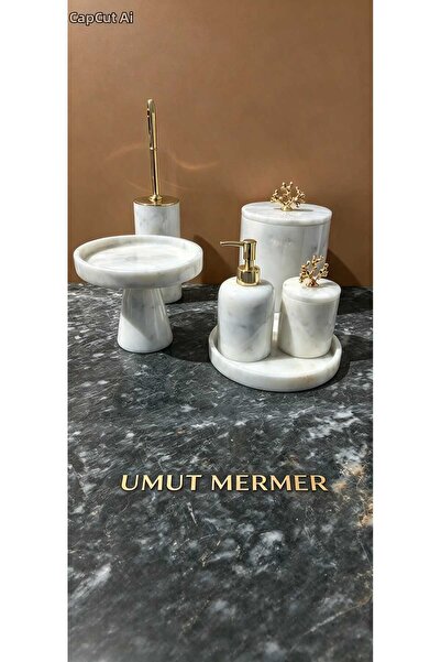 umut mermer – Luxury Marble Bathroom Accessory Set with Gold Detailing