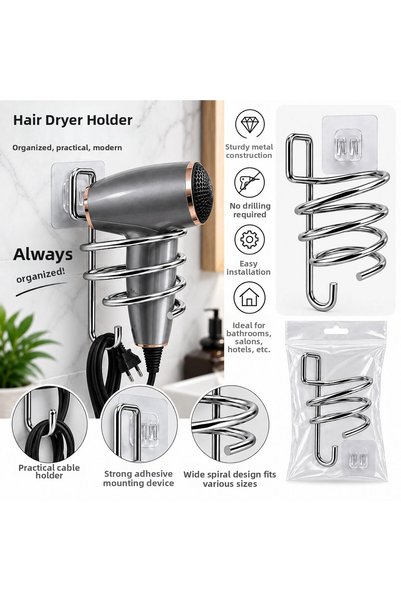 shopwave Chrome - Metal Fönlük Fön Machine Hanger with Adhesive Strap (5047)