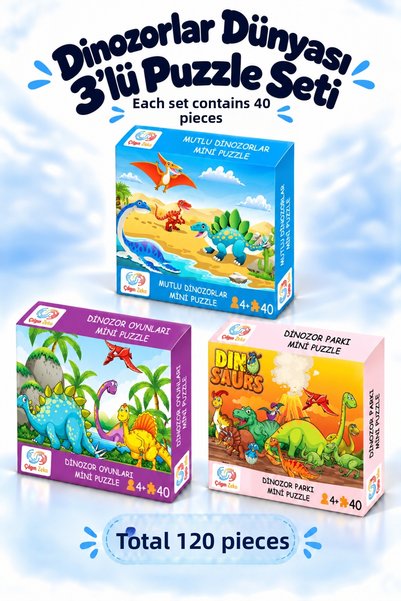 Çılgın Zeka Dinosaur World 3-Piece Puzzle Set for Ages 3-7, Each Puzzle Set Has 40 Pieces, Children's Puzzle and Jigsaw Puzzle