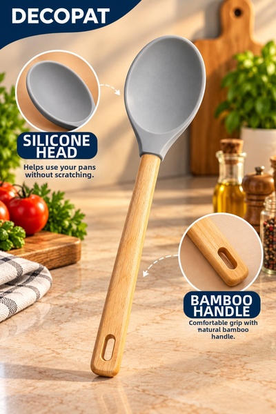 Decopat Bamboo Handle Kitchen Spoon with Silicone Head – Ergonomic and Practi...