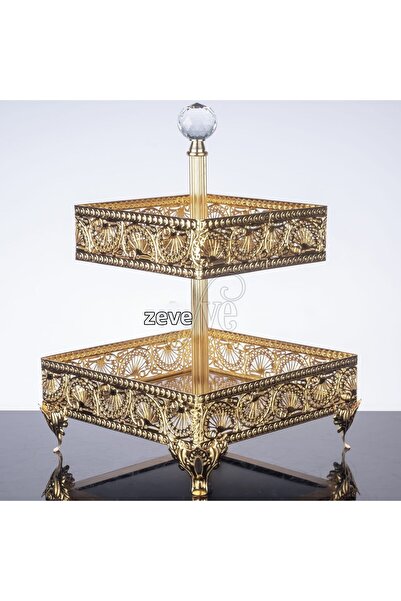 FAIR HOME Two-Tier Cookie Holder Square Metal Gold 25 cm / 20 cm – Hünkar Model
