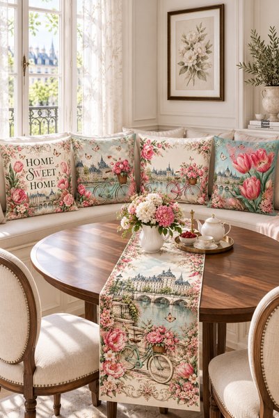 HOMESSA Paris Bicycle Pink Flower and Butterfly 4-Piece Throw Pillow Cover Runner Set