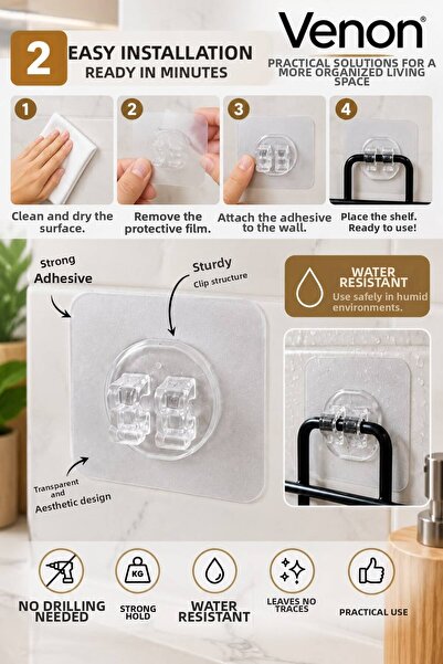 VENON 10 Pieces | |   Stick-On Wall Adhesive | |   Replacement Adhesive | |   Strong Self-Adhesive | |   Corner Shelf Bathroom Shower Shelf Hooker Waterproof Hanger Transparent Adhesive Hanger Fixing Metal Rack Holder Bathroom
