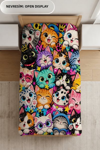 Luvis Store Colorful Cats Patterned Single Girl's Duvet Cover Set - with Sheets