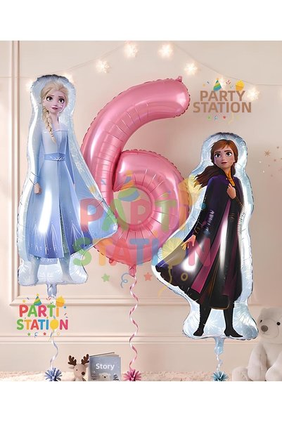 Parti Station مجموعة بالونات فروزن كونسبت إلسا آنا بعمر 6 سنوات باللون الوردي...