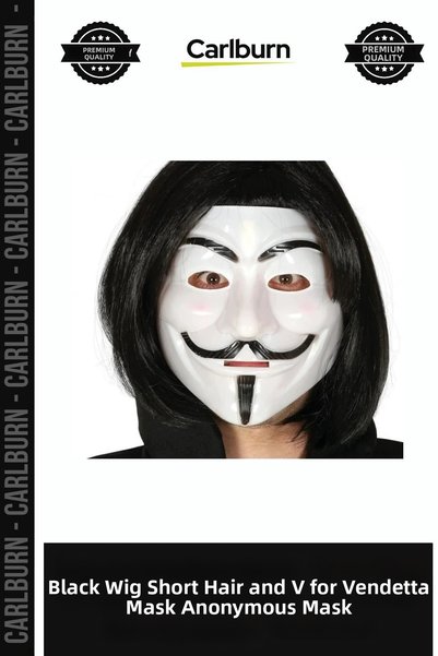 Carlburn شعر قصير صناعي أسود اللون مع قناع V For Vendetta، قناع أنونيموس، إكس...