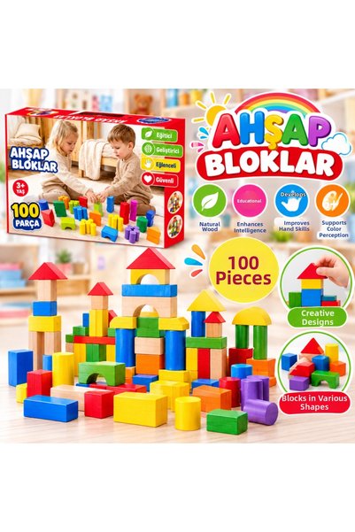 NW NessiWorld Ony-417 Wooden 100 Piece Colorful Blocks in a Box