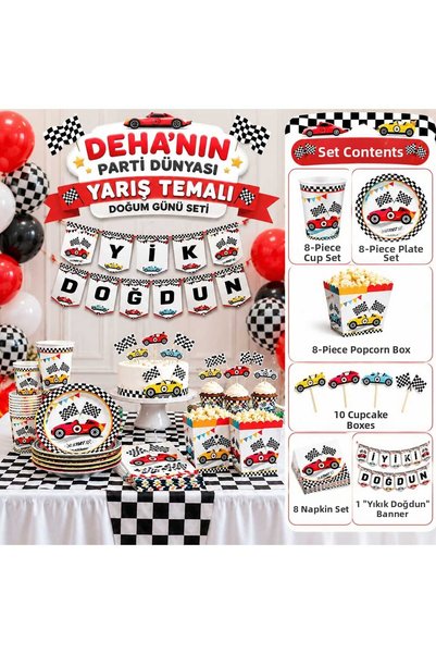 DEHAPARTY Race Cars Themed Birthday Decoration Set 8Pcs Each Plate Cup Popcor...