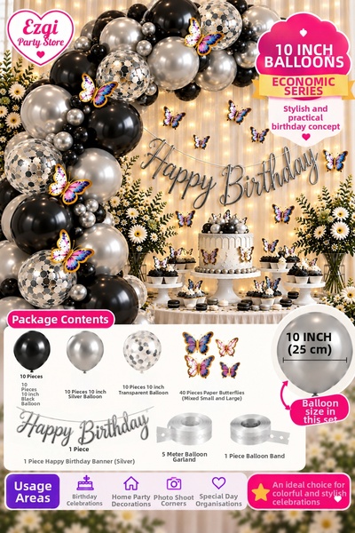 Ezgi Party Store Black Silver Transparent Balloon Chain Butterfly Birthday Co...