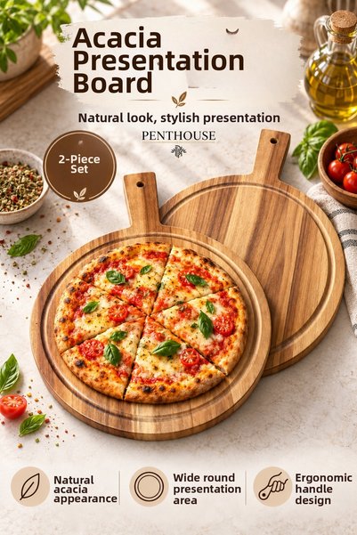 Penthouse 100% Natural Acacia Wood Round Presentation Board 28 cm with Handle Pizza Breakfast and Deli Serving Plate