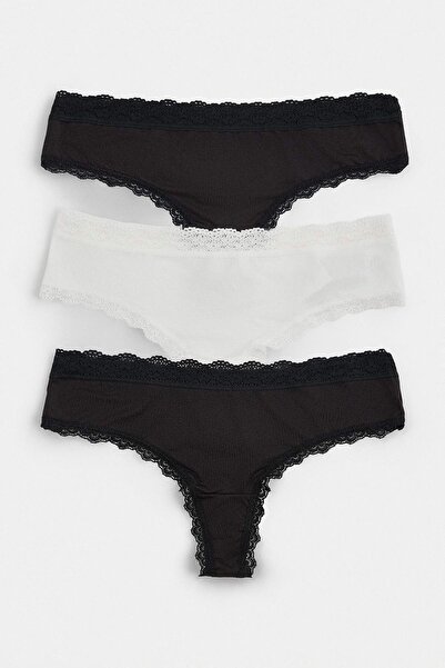 Trendyol Collection Black-Multicolor 3-Piece Lace Plain Thong Panties Thmaw27...