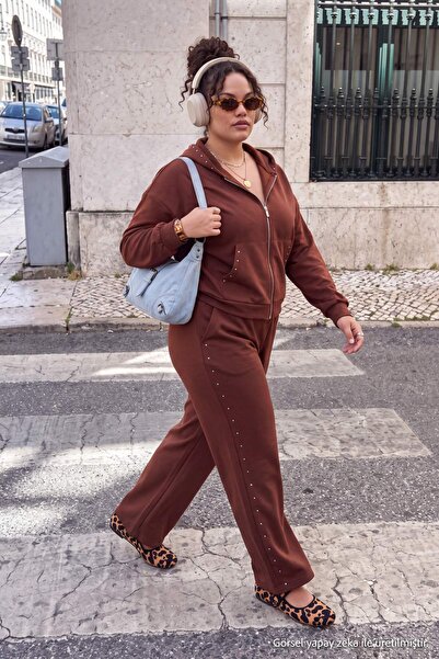 Trendyol Curve Brown High Waist Wide Leg Knitted Plus Size Sweatpants Tbbaw27...