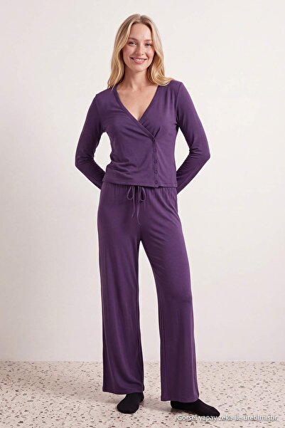 Trendyol Collection Purple Buttoned Viscose Ribbed Knitted Pajamas Set Thmaw2...