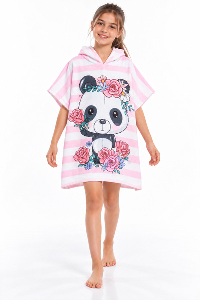 Movekids Pembe Çizgili Panda Desenli Çocuk Plaj ve Havuz Pançosu 8-12 yaş