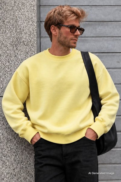Madmext Yellow Crew Neck Oversize Ribbed Basic Men's Sweatshirt 6048