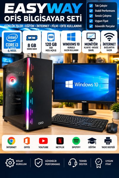 thekam Intel Core i3 4. Nesil 8GB RAM 120GB SSD Windows 10 Pro 19 İnç Monitör...