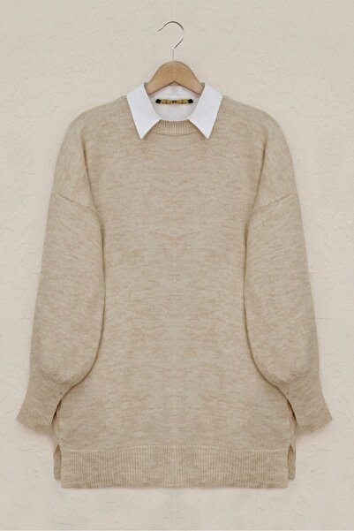 Modamorfo Round Neck Balloon Sleeve Casual Knit Sweater -Mink