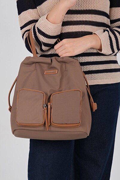 Silver Polo Rucsac de damă din satin maro - maro deschis SP1232