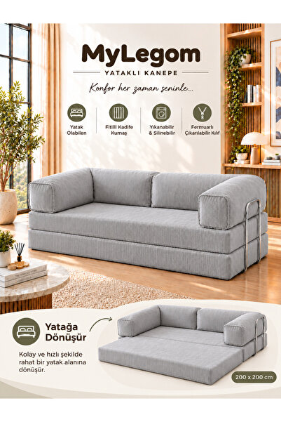 Ravessi MyLegom Gri Yataklı Kanepe, 100x200 cm Açılır Kanepe, Fitilli Kadife ...