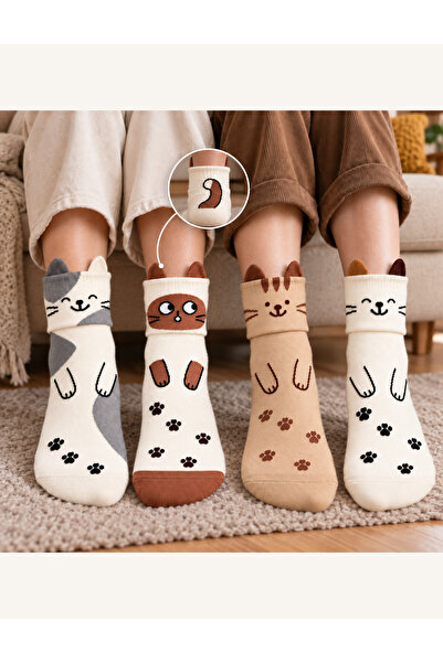 çorapmanya 4 Çift Kedi Desenli Çok Renkli Kadın 3 Boyutlu Kışlık Soket Bot Ço...