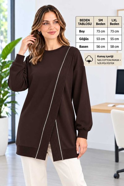 Puane Tunik Kadın Sweatshirt Çapraz Fermuar Detaylı Penye Kumaş