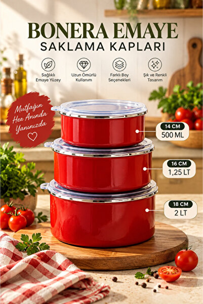 Bonera Academia Enamel Storage Container Set 6 Pieces (14-16-18 cm) Red