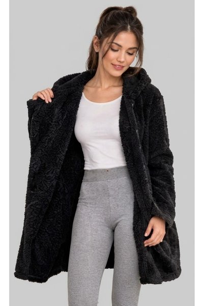 ROSEPERİ Women's Long Cardigan Plus Size Warm Plush Sweat Welsoft Zippered Hooded 2-Pocket Knitted Plush Fleece