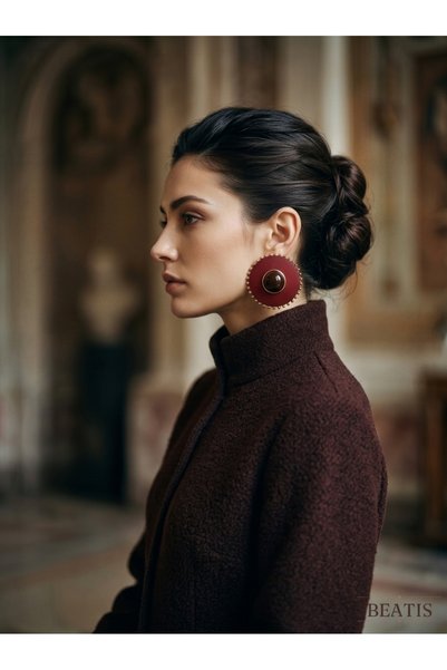 Beatis Women's Earrings Bijouterie Burgundy Round Shape Stone Detailed Gold Color