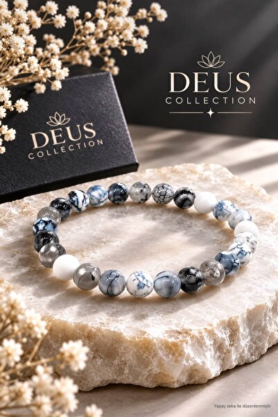 Deus Collection Gri Akik Doğal Taş Bileklik 8 mm El Yapımı Unisex Kadın Erkek...