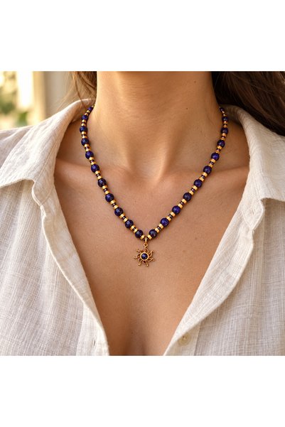 Genel Markalar Lapis Lazuli Taşlı Güneş Kolye Uçlu El Yapımı Boho Kolye