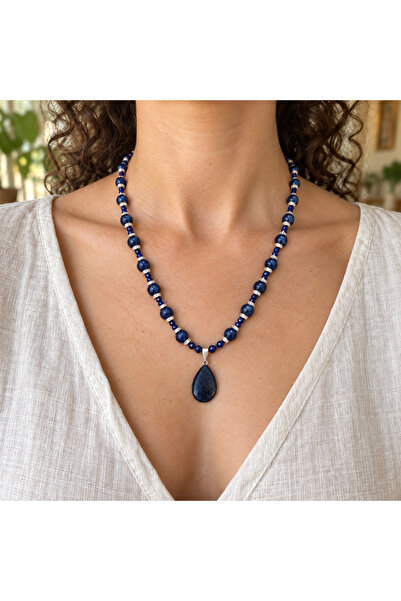 Lapis Lazuli Taşlı Mavi Damla Uçlu El Yapımı Boho Kolye